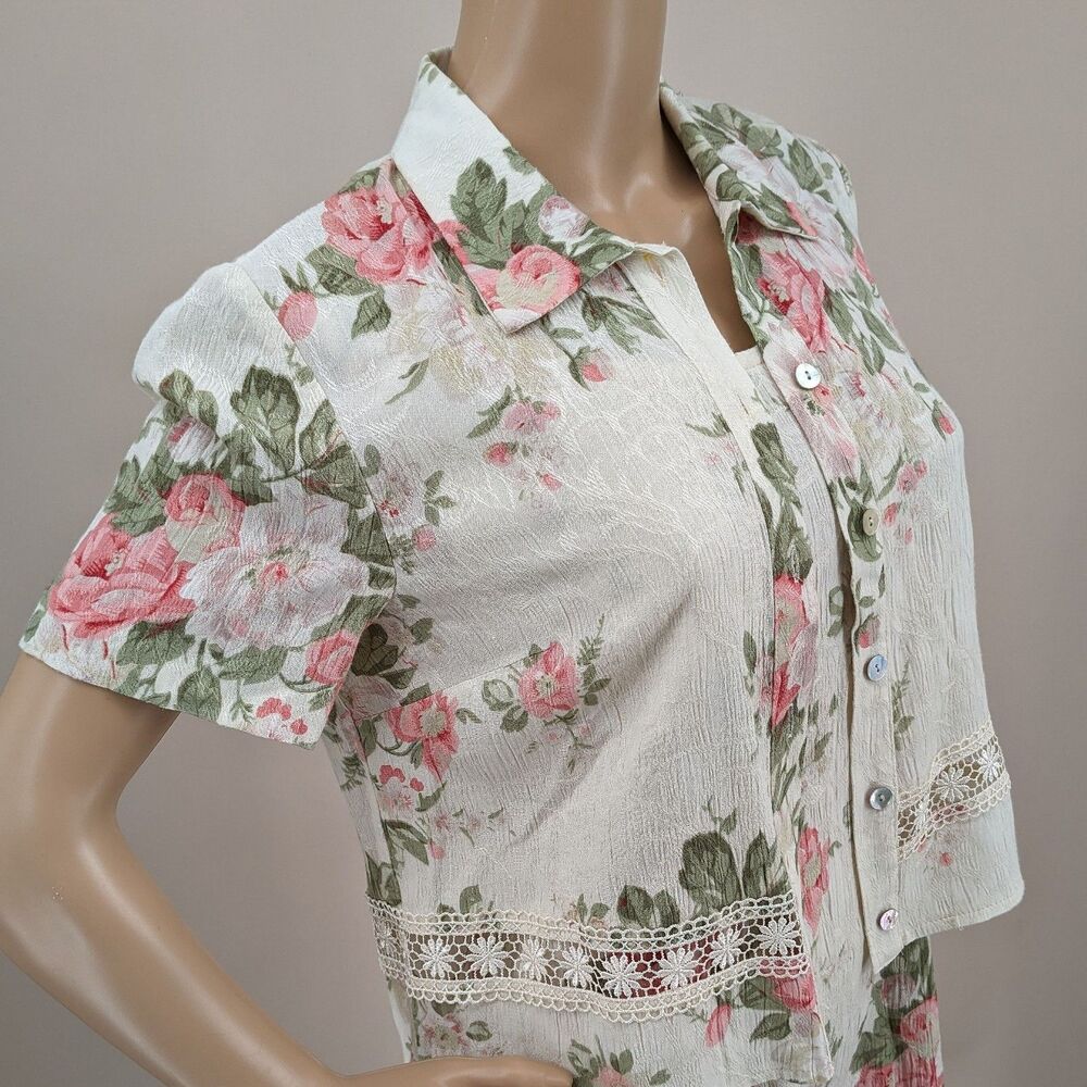 Vintage 90s K Petite Set Sleeveless Dress Floral with Jacket Crochet Size 6P